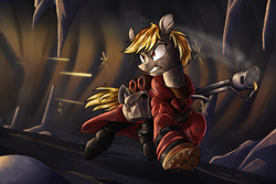 Size: 2400x1600 | Tagged: safe, artist:thescornfulreptilian, imported from derpibooru, oc, earth pony, cave, female, flamethrower, mare, pyro (tf2), solo, team fortress 2, weapon