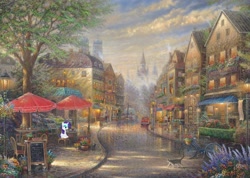 Size: 2500x1776 | Tagged: safe, artist:thomas kinkade, imported from derpibooru, rarity, bird, cat, human, pigeon, pony, squirrel, balcony, banner, bicycle, cafe, car, chair, chimney, church, city, clock, cloud, cloudy, comfy, door, female, flower, fog, germany, germany flag, hedge, horn, lantern, light, male, mare, munich, painting, potted plant, relaxing, rooftop, scenery, shop, signature, sitting, solo focus, street, table, traditional art, tree, window