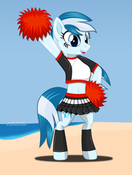 Size: 1875x2500 | Tagged: safe, artist:the_mpc, imported from derpibooru, oc, oc:serene dive, anthro, earth pony, pony, unguligrade anthro, beach, bipedal, cheerleader, cheerleader outfit, clothes, excited, happy, leggings, looking at you, ocean, outdoors, pom pom, skirt, solo, tanktop, water