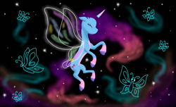 Size: 2160x1316 | Tagged: safe, artist:bluestar386, imported from derpibooru, alicorn, butterfly, pony, alicornified, artificial wings, augmented, butterfly wings, female, flowing mane, g5, magic, magic wings, mare, misty brightdawn, mistycorn, race swap, rebirth misty, solo, space, wallpaper, wings