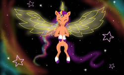 Size: 2160x1316 | Tagged: safe, artist:bluestar386, imported from derpibooru, sunny starscout, alicorn, pony, female, flowing mane, g5, mare, race swap, solo, space, sunnycorn, wallpaper