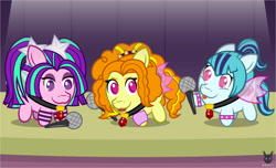 Size: 2330x1419 | Tagged: safe, artist:wheatley r.h., derpibooru exclusive, imported from derpibooru, adagio dazzle, aria blaze, sonata dusk, earth pony, pony, equestria girls, bracelet, chibi, cute, female, gem, jewelry, mare, microphone, my little pony equestria girls: rainbow rocks, necklace, ponytail, rainbow rocks 10th anniversary, siren gem, siren wings, spiked wristband, spotlight, stage, the dazzlings, tongue out, vector, watermark, wings, wristband