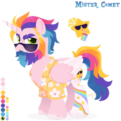 Size: 1920x1920 | Tagged: safe, artist:kabuvee, imported from derpibooru, oc, oc:mister comet, alicorn, pony, clothes, colored wings, hawaiian shirt, male, shirt, simple background, solo, stallion, sunglasses, transparent background, two toned wings, wings