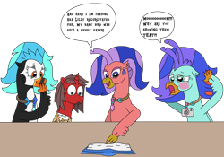 Size: 3240x2271 | Tagged: safe, artist:supahdonarudo, imported from derpibooru, oc, oc only, oc:icebeak, oc:ironyoshi, oc:sea lilly, classical hippogriff, hippogriff, unicorn, blushing, camera, dialogue, ear piercing, earring, embarrassed, female, horn, jewelry, mother and child, mother and daughter, necklace, piercing, scrapbook, simple background, speech bubble, stifling laughter, surprised, table, text, transparent background