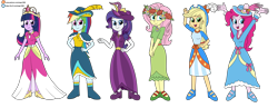 Size: 5983x2313 | Tagged: safe, artist:eagc7, imported from derpibooru, applejack, fluttershy, pinkie pie, rainbow dash, rarity, sci-twi, twilight sparkle, equestria girls, clothes, commission, coronation dress, dress, female, group, humane five, humane six, ko-fi, mane six, patreon, simple background, transparent background