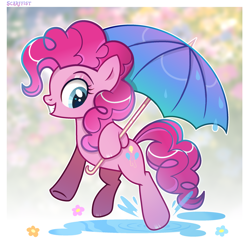 Size: 2360x2360 | Tagged: safe, artist:scarffist, imported from derpibooru, pinkie pie, earth pony, pony, base used, curly hair, curly mane, curly tail, flower, gritted teeth, happy, long hair, long mane, long tail, looking back, pink coat, pink hair, pink mane, puddle, rain, smiling, solo, tail, teeth, umbrella, walking, water