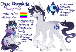 Size: 3250x2250 | Tagged: safe, artist:squishkitti, imported from derpibooru, maud pie, rarity, oc, oc:onyx moonglade, pony, unicorn, cloven hooves, female, horn, lesbian, male, pride, pride flag, rarimaud, reference sheet, shipping, solo, stallion, unshorn fetlocks