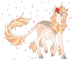 Size: 3000x2500 | Tagged: safe, artist:squishkitti, imported from derpibooru, oc, kirin, cloven hooves, female, flower, flower in hair, offspring, parent:prince blueblood, parent:rain shine, simple background, solo, transparent background