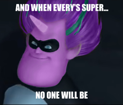 Size: 523x445 | Tagged: safe, edit, edited screencap, editor:umsx, imported from derpibooru, screencap, starlight glimmer, human, horn, no pony, shitposting, syndrome, the incredibles