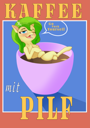 Size: 4961x7016 | Tagged: safe, artist:bluishdraft, imported from derpibooru, oc, oc only, oc:nettle vienna, earth pony, pony, coffee, coffee mug, female, german, mare, mug, solo