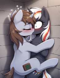 Size: 1344x1728 | Tagged: safe, imported from derpibooru, oc, oc:littlepip, oc:velvet remedy, pony, unicorn, fallout equestria, against wall, ai content, ai generated, arm fluff, bipedal, bipedal leaning, blush lines, blushing, blushing profusely, brown mane, butt, chest fluff, drunk, drunk bubbles, dubious consent, duo, duo female, ear fluff, emanata, eyebrows, eyebrows visible through hair, eyes closed, fanfic art, featureless crotch, female, generator:bluefox mix, generator:stable diffusion, gray coat, horn, horns are touching, kissing, leaning, leaning on wall, leg fluff, lesbian, looking at someone, mare, oc x oc, pinned, plot, prompter:tyto4tme4l, raised leg, shipping, shrunken pupils, stone wall, surprise kiss, three quarter view, velvetpip, white mane, wide eyes