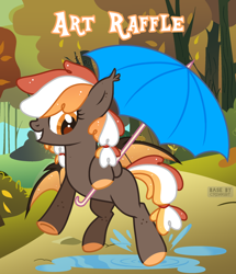 Size: 2060x2400 | Tagged: safe, artist:olivi, imported from derpibooru, oc, oc only, bat pony, pony, autumn, food, forest, free art, giveaway, nature, orange, prize, raffle, rain, simple background, solo, tree, umbrella, yellow background