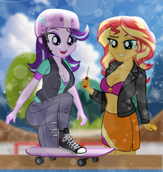 Size: 948x1000 | Tagged: safe, artist:emeraldblast63, imported from derpibooru, starlight glimmer, sunset shimmer, human, equestria girls, belly, belly button, breasts, busty starlight glimmer, busty sunset shimmer, cleavage, clothes, converse, duo, duo female, female, grin, helmet, lens flare, midriff, open mouth, open smile, screwdriver, shoes, skateboard, smiling