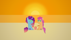 Size: 1920x1080 | Tagged: safe, artist:carrotorangelight, imported from derpibooru, sunny starscout, earth pony, unicorn, duo, duo female, eating, female, food, g5, horn, misty brightdawn, popcorn, rebirth misty, sunset