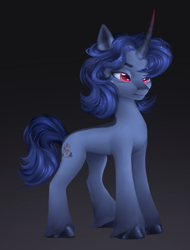 Size: 2581x3403 | Tagged: safe, artist:copshop, imported from derpibooru, oc, oc only, oc:vitor, pony, unicorn, blue coat, blue mane, blue tail, coat markings, colored, colored eartips, colored hooves, colored horn, colored horntip, colored pupils, commission, concave belly, curved horn, dorsal stripe, ethereal mane, facial markings, frown, gradient horn, gray hooves, hoof fluff, hooves, horn, lineless, male, male oc, multicolored horn, narrowed eyes, prince, quadrupedal, red eyes, red pupils, shading, shiny hooves, signature, slender, snip (coat marking), solo, stallion, stallion oc, starry mane, tail, thin, three quarter view, two toned ears, unicorn horn, unicorn oc, unshorn fetlocks, watermark