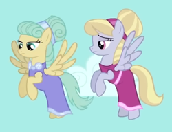 Size: 453x348 | Tagged: safe, imported from derpibooru, screencap, cloud kicker, sunshower raindrops, pegasus, hearth's warming eve (episode), alternate hairstyle, clothes, cloud, cropped, dress, duo, duo female, female, flying, lidded eyes, mare, sky, spread wings, unimpressed, updo, wings