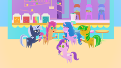 Size: 1920x1080 | Tagged: safe, artist:carrotorangelight, imported from derpibooru, izzy moonbow, pipp petals, sunny starscout, oc, oc:bluebright cobalt, oc:orangelight amber, pony, drink, g5, pointy ponies, smoothie, smoothie cart