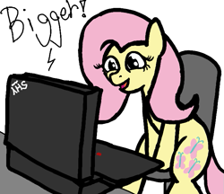 Size: 675x584 | Tagged: safe, artist:gold meddle, fluttershy, pegasus, pony, computer, cute, female, happy, laptop computer, mare, mare fair 2024, open mouth, shyabetes, sitting, smiling, solo, text, thinkpad, thinkpad 701