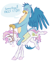 Size: 1280x1563 | Tagged: safe, artist:universalheart, imported from derpibooru, gallus, oc, oc:summerfree apple, griffon, pony, bridle, bucking, canon x oc, duo, female, interspecies, male, reins, saddle, simple background, speech bubble, straight, tack, white background