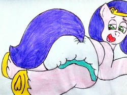 Size: 2900x2154 | Tagged: safe, artist:bitter sweetness, imported from derpibooru, pipp petals, pegasus, pony, abdl, adult foal, diaper, diaper fetish, fetish, g5, hoof heart, hooves, looking back, lying down, non-baby in diaper, open mouth, open smile, poofy diaper, prone, simple background, smiling, sploot, traditional art, underhoof, white background