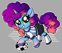 Size: 2264x1945 | Tagged: safe, artist:background basset, imported from derpibooru, pony, unicorn, abstract background, argentina, ball, clothes, football, g5, horn, looking at you, misty brightdawn, rebirth misty, shirt, shorts, smiling, smiling at you, socks, solo, sports