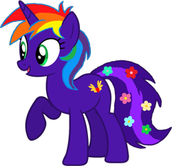 Size: 1511x1462 | Tagged: safe, artist:star-armour95, imported from derpibooru, oc, oc only, oc:rainbow flower, pony, unicorn, female, flower, flower in tail, horn, multicolored hair, rainbow hair, raised hoof, simple background, solo, tail, transparent background, vector