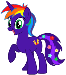 Size: 1282x1462 | Tagged: safe, artist:star-armour95, imported from derpibooru, oc, oc only, oc:rainbow flower, pony, unicorn, female, flower, flower in tail, happy, horn, multicolored hair, rainbow hair, raised hoof, simple background, solo, tail, transparent background, vector