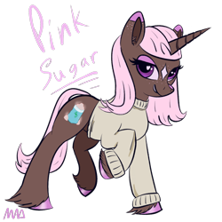 Size: 1256x1256 | Tagged: safe, artist:maonyman, imported from derpibooru, oc, oc only, oc:pink sugar, pony, unicorn, clothes, coat markings, colored eartips, colored hooves, colored nose, eyeshadow, facial markings, female, freckles, hooves, horn, looking at you, makeup, mare, raised hoof, simple background, smiling, smirk, solo, star (coat marking), sweater, transparent background, unshorn fetlocks