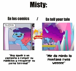 Size: 720x680 | Tagged: safe, idw, imported from derpibooru, pony, unicorn, g5, horn, meme, misty brightdawn, my little pony: tell your tale, spanish