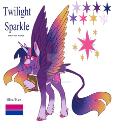 Size: 1920x2150 | Tagged: safe, artist:king-victor, imported from derpibooru, part of a set, twilight sparkle, alicorn, pony, alternate coat color, alternate design, alternate eye color, alternate mane color, alternate tail color, alternate tailstyle, alternate universe, bangs, bilight sparkle, bisexual pride flag, blaze (coat marking), blue text, book, chest marking, cloven hooves, coat markings, color palette, colored, colored belly, colored ears, colored eyelashes, colored hooves, colored horn, colored pinnae, colored pupils, colored wings, colored wingtips, cutie mark, description at source, deviantart watermark, facial markings, feathered fetlocks, feathered tail, feathered wings, female, flat colors, frown, gradient legs, gradient mane, gradient tail, gradient wings, gradient wingtips, hoof hold, hooves, horn, large wings, leonine tail, long ears, long horn, looking at you, looking back, mare, obtrusive watermark, pale belly, pink eyelashes, pink eyes, pink hooves, pink pupils, pride, pride flag, purple wings, sidebangs, simple background, snip (coat marking), socks (coat markings), solo, sparkly mane, sparkly tail, sparkly wingtips, spread wings, star (coat marking), straight mane, straight tail, striped mane, tail, three quarter view, transparent background, twilight sparkle (alicorn), two toned ears, unicorn horn, watermark, wings