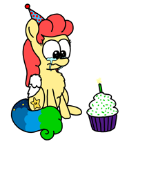 Size: 3023x3351 | Tagged: safe, artist:professorventurer, imported from derpibooru, oc, oc:power star, pegasus, pony, birthday, birthday cake, cake, chest fluff, crying, cupcake, cute, female, food, hat, mare, party hat, rule 85, sad, sadorable, super mario 64, super mario bros.