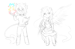 Size: 2000x1300 | Tagged: safe, artist:squeezymouse, derpibooru exclusive, imported from derpibooru, oc, oc only, oc:good graces, oc:tri color, human, chibi, duo, eared humanization, ethereal hair, ethereal tail, heart, heart eyes, humanized, leonine tail, magic, one wing out, pony ears, sketch, tail, tailed humanization, unusually shaped magic aura, wingding eyes, winged humanization, wings