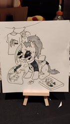 Size: 1153x2048 | Tagged: safe, artist:pony quarantine, imported from derpibooru, oc, oc only, oc:dyx, alicorn, pony, body pillow, clothes, female, filly, foal, grayscale, marker drawing, monochrome, shirt, solo, sunglasses, sweat, tongue out, traditional art