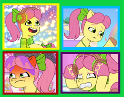 Size: 1080x841 | Tagged: safe, imported from derpibooru, earth pony, pony, angry, bow, clothes, disney, female, g5, green background, hair bow, inside out (disney), jewelry, necklace, posey bloom, sad, scared, scarf, simple background, smiling