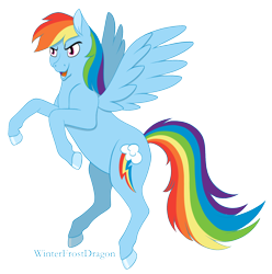 Size: 1596x1611 | Tagged: safe, artist:winterfrostdragon, imported from derpibooru, rainbow dash, pegasus, pony, colored hooves, female, hooves, mare, open mouth, open smile, rearing, signature, simple background, smiling, solo, spread wings, transparent background, wings