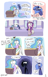 Size: 1280x2048 | Tagged: safe, artist:me-beef, imported from derpibooru, princess cadance, princess celestia, princess luna, alicorn, pony, comic, dialogue, female, mare, s1 luna, snoot, trio