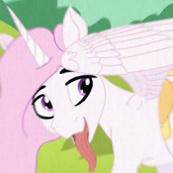 Size: 440x440 | Tagged: safe, artist:kujivunia, edit, imported from derpibooru, princess celestia, alicorn, princess molestia, cropped, cutie mark, distortion, fixed, horn, long tongue, pink mane, smiling, solo, spread wings, tongue out, wings