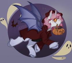 Size: 2500x2207 | Tagged: safe, artist:cryingturnip, imported from derpibooru, oc, oc:clumsy von heim, original species, undead, vampire, vampony, closed species, clothes, commission, costume, gem eyed dracula race, glasses, halloween, halloween costume, holiday, ych result