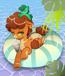 Size: 1775x2075 | Tagged: safe, artist:scarffist, derpibooru exclusive, imported from derpibooru, oc, oc only, pegasus, pony, base used, commission, curly mane, curly tail, drink, drinking, ear piercing, earring, green eyes, jewelry, leaves, ocean, piercing, plushie, relaxing, solo, tail, toy, water, ych result