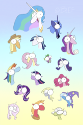 Size: 1365x2048 | Tagged: safe, artist:me-beef, imported from derpibooru, applejack, big macintosh, derpy hooves, fleur-de-lis, fluttershy, granny smith, pinkie pie, princess cadance, princess celestia, princess luna, rainbow dash, rarity, shining armor, spike, starlight glimmer, trixie, twilight sparkle, alicorn, dragon, earth pony, pegasus, pony, unicorn, big eyes, bug eyes, bust, female, gradient background, horn, male, mane seven, mane six, mare, s1 luna, stallion, twilight sparkle (alicorn)