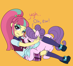 Size: 2000x1800 | Tagged: safe, artist:leopardsnaps, imported from derpibooru, sour sweet, suri polomare, earth pony, human, pony, equestria girls, angry, bowtie, clothes, dialogue, disgusted, duo, eyeshadow, female, freckles, frown, hug, hugging a pony, human on pony snuggling, kneesocks, looking at you, makeup, mare, necktie, orange background, ponytail, scarf, shirt, shoes, simple background, skirt, snuggling, socks, talking to viewer, undershirt, vest