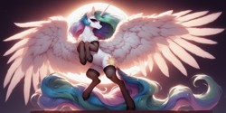 Size: 2048x1024 | Tagged: safe, imported from derpibooru, princess celestia, alicorn, pony, ai content, ai generated, chest fluff, clothes, ear fluff, feathered wings, female, large wings, long tail, mare, raised hoof, smiling, socks, solo, spread wings, sun, tail, thigh highs, wings