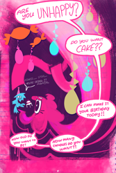 Size: 1500x2250 | Tagged: safe, artist:yl0w, imported from derpibooru, part of a set, pinkie pie, rainbow dash, earth pony, pegasus, pony, comic:rainbow override, fanfic:rainbow factory, abstract, birthday cake, cake, comic, curly mane, dialogue, duo, duo female, eyelashes, fanfic art, female, floppy ears, food, frown, hat, limited palette, lined paper, looking at someone, lyrics in the description, mare, no catchlights, open frown, open mouth, part of a series, party hat, profile, size difference, speech bubble, table, talking, white text, wings, wings down