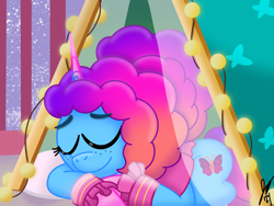 Size: 2160x1620 | Tagged: safe, artist:jesslmc16, imported from derpibooru, pony, unicorn, spoiler:g5, spoiler:my little pony: tell your tale, spoiler:tyts02e18, clothes, cutie mark, eyes closed, female, freckles, g5, hair bun, horn, lying down, mare, misty brightdawn, my little pony: tell your tale, pajamas, pillow, rebirth misty, scene interpretation, signature, sleeping, sleepover!!, smiling, socks, solo, tent, tyts02e18