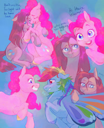 Size: 1300x1600 | Tagged: safe, artist:abbytabbys, imported from derpibooru, pinkie pie, rainbow dash, butterfly, butterfly pony, earth pony, hybrid, pegasus, pony, alternate universe, blue pupils, blue text, blush lines, blushing, breaking the fourth wall, colored eyebrows, colored hooves, colored pupils, comforting, crying, curly mane, curly tail, dialogue, duality, duo focus, emanata, eyelashes, eyes closed, facing you, female, floppy ears, glimmer wings, glowing, glowing body, glowing mane, glowing tail, grin, hoof on back, hooves, implied twilight sparkle, looking at each other, looking at someone, looking at you, mare, mismatched hooves, multicolored hair, multicolored hooves, multicolored mane, multiple angles, nervous, nervous grin, open mouth, open smile, pink coat, pink eyes, pink mane, pink pupils, pink tail, pinkamena diane pie, plewds, profile, rainbow hair, raised hoof, self paradox, self ponidox, shiny eyes, shiny mane, shiny tail, sitting, smiling, smiling at someone, sparkles, sparkly, straight mane, straight tail, tail, talking, three quarter view, trio, trio female, wall of tags, white pupils, wings