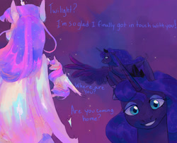 Size: 1600x1300 | Tagged: safe, artist:abbytabbys, imported from derpibooru, part of a set, princess luna, twilight sparkle, alicorn, pony, alternate universe, artificial horn, artificial wings, augmented, blue eyes, blue eyeshadow, blue mane, colored eyebrows, dream, duo, duo female, ethereal body, ethereal horn, ethereal mane, ethereal tail, ethereal wings, eyebrows, eyebrows visible through hair, eyelashes, eyeshadow, feathered wings, female, folded wings, glowing, glowing body, glowing mane, glowing tail, hoof shoes, horn, jewelry, large wings, lidded eyes, looking at someone, magic, magic horn, magic wings, makeup, mare, one wing out, princess shoes, purple coat, purple text, raised hoof, shiny mane, shiny tail, smiling, sparkles, sparkly mane, sparkly tail, tail, talking, tiara, unstable magic, walking, wings