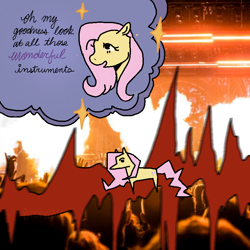 Size: 800x800 | Tagged: safe, artist:bvnnyface, imported from derpibooru, fluttershy, pegasus, pony, concert, female, irl, mare, metallica, open mouth, open smile, photo, ponies in real life, smiling, sparkles