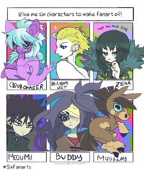 Size: 1280x1529 | Tagged: safe, artist:cutesykill, imported from derpibooru, cloudchaser, cyborg, donkey, human, pegasus, pony, six fanarts, 009 re:cyborg, bandage, bandaged eye, big ears, big eyes, black hair, black hooves, blonde hair, blue eyes, blue sclera, brown coat, brown mane, brown tail, buddy (lisa rpg), cloak, clothes, coat markings, colored, colored eyebrows, colored muzzle, colored pinnae, colored sclera, dark muzzle, ear piercing, facial markings, facial scar, female, flat colors, foal, folded wings, frown, gakuran, gray eyes, group, hand on chin, helix piercing, jet link, jujutsu kaisen, library of ruina, light skin, lisa the painful, long mane, looking away, male, mare, mealy mouth (coat marking), megumi fushiguro, mudbray, narrowed eyes, no catchlights, no mouth, pale belly, pale muzzle, piercing, pokémon, poncho, profile, purple coat, purple hair, rectangular pupil, scar, school uniform, sextet, shiny hair, simple background, skirt, socks (coat markings), spiky mane, straight mane, straight tail, tail, teenager, three quarter view, tied hair, two toned mane, unusual pupils, wall of tags, white background, white pupils, wide eyes, wings, zena (library of ruina)