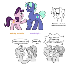 Size: 695x608 | Tagged: safe, artist:driftwoodpony, imported from derpibooru, starlight glimmer, trixie, pony, unicorn, brother and sister, colt, crossed hooves, female, filly, foal, frown, horn, lesbian, magical lesbian spawn, male, mare, offspring, open mouth, open smile, parent:starlight glimmer, parent:trixie, parents:startrix, shipping, siblings, simple background, smiling, startrix, white background, yelling