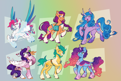 Size: 1606x1080 | Tagged: safe, artist:cerulean-crow, imported from derpibooru, hitch trailblazer, izzy moonbow, pipp petals, sunny starscout, zipp storm, earth pony, pegasus, pony, unicorn, applejack (g5), beard, cheek fluff, chest fluff, chin fluff, clothes, cloven hooves, coat markings, ear piercing, ear tufts, earring, eyebrow piercing, facial hair, facial markings, female, fetlock tuft, floating heart, fluttershy (g5), flying, g5, gradient background, grin, heart, heart eyes, horn, jewelry, looking at you, male, mane five, mane six (g5), mare, misty brightdawn, no pupils, one eye closed, open mouth, open smile, piercing, pinkie pie (g5), rainbow dash (g5), raised hoof, rarity (g5), rebirth misty, smiling, smiling at you, socks, spread wings, stallion, standing on two hooves, star (coat marking), starry eyes, twilight sparkle (g5), wing ring, wingding eyes, wings, wink, winking at you